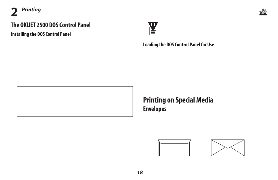 Printing on special media, The okijet 2500 dos control panel, Envelopes | Oki 2500 User Manual | Page 24 / 80