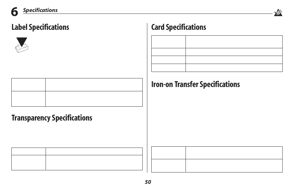 Label specifications, Transparency specifications, Card specifications | Iron-on transfer specifications | Oki 2500 User Manual | Page 56 / 80
