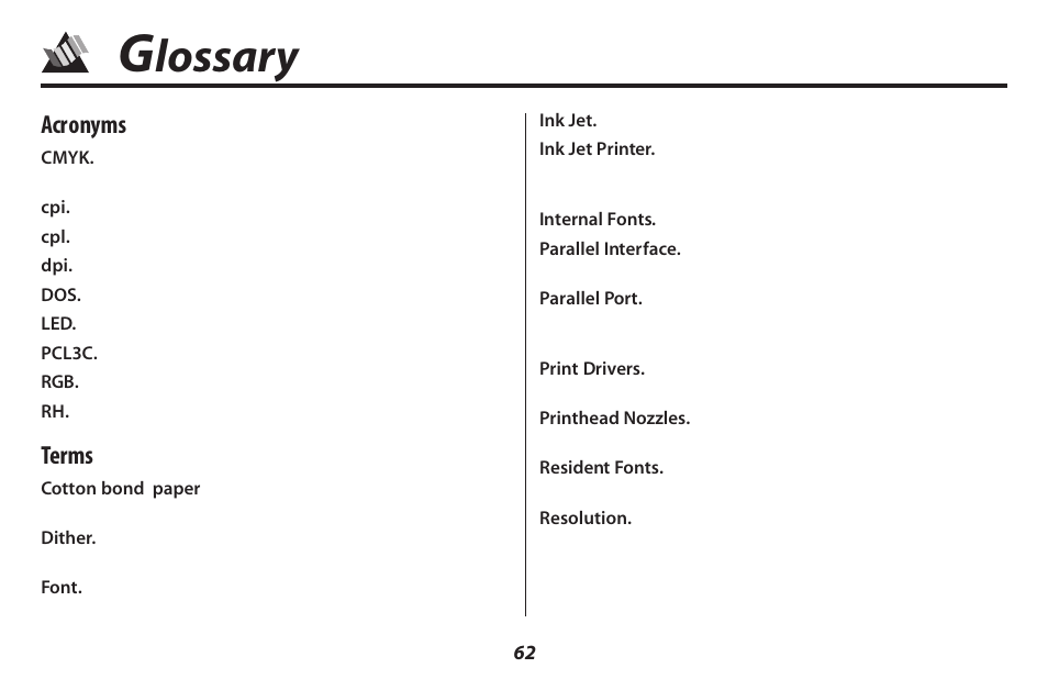 Lossary, Acronyms, Terms | Oki 2500 User Manual | Page 68 / 80