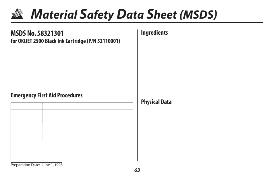 Aterial, Afety, Heet (msds) | Oki 2500 User Manual | Page 69 / 80