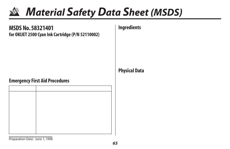Aterial, Afety, Heet (msds) | Oki 2500 User Manual | Page 71 / 80