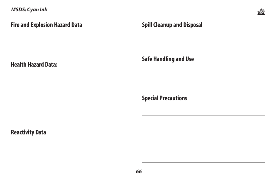 Fire and explosion hazard data, Health hazard data, Reactivity data | Spill cleanup and disposal, Safe handling and use, Special precautions, 66 msds: cyan ink | Oki 2500 User Manual | Page 72 / 80