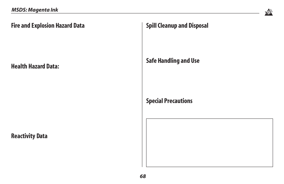 Fire and explosion hazard data, Health hazard data, Reactivity data | Spill cleanup and disposal, Safe handling and use, Special precautions, 68 msds: magenta ink | Oki 2500 User Manual | Page 74 / 80