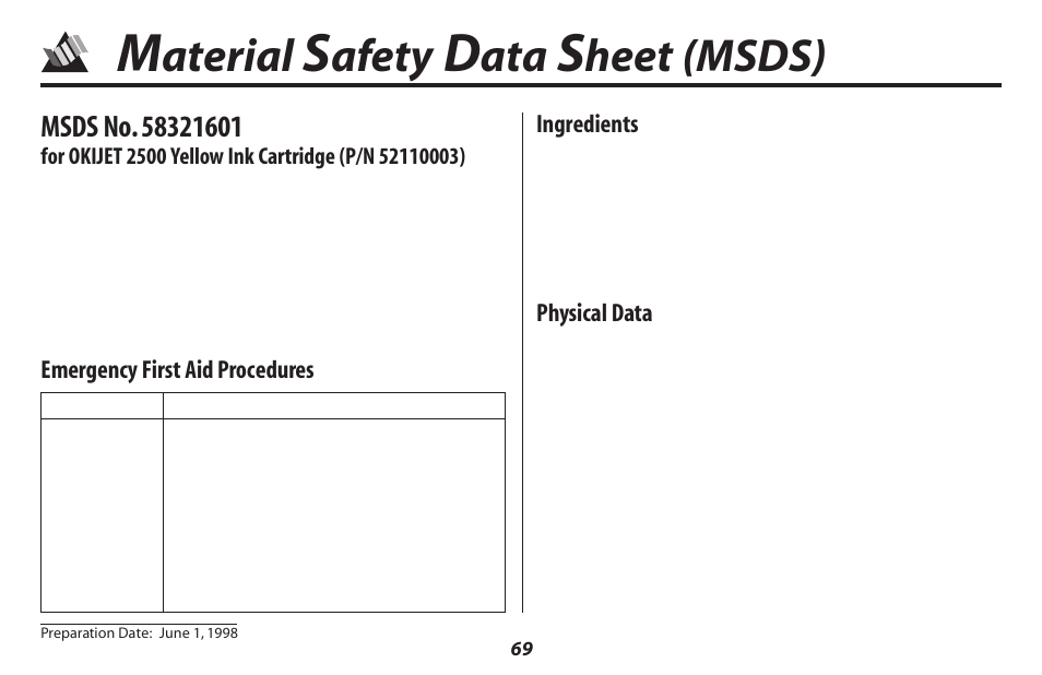 Aterial, Afety, Heet (msds) | Oki 2500 User Manual | Page 75 / 80