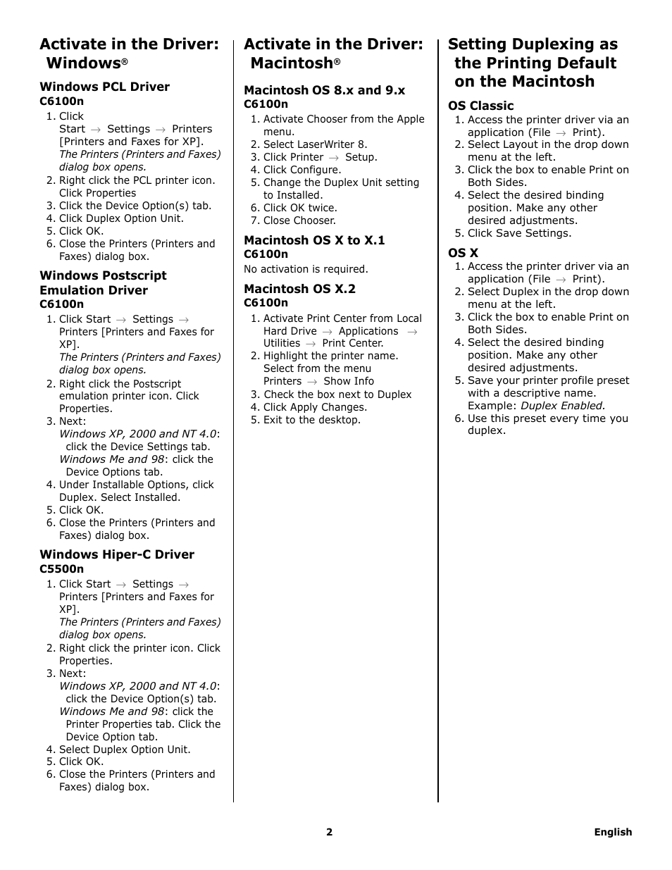 Activate in the driver: windows, Activate in the driver: macintosh | Oki P/N 43347501 User Manual | Page 2 / 8