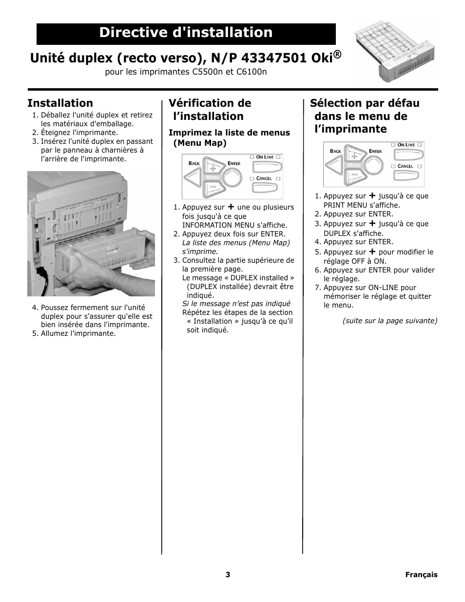 Directive d'installation, Installation, Vérification de l’installation | Sélection par défau dans le menu de l’imprimante | Oki P/N 43347501 User Manual | Page 3 / 8