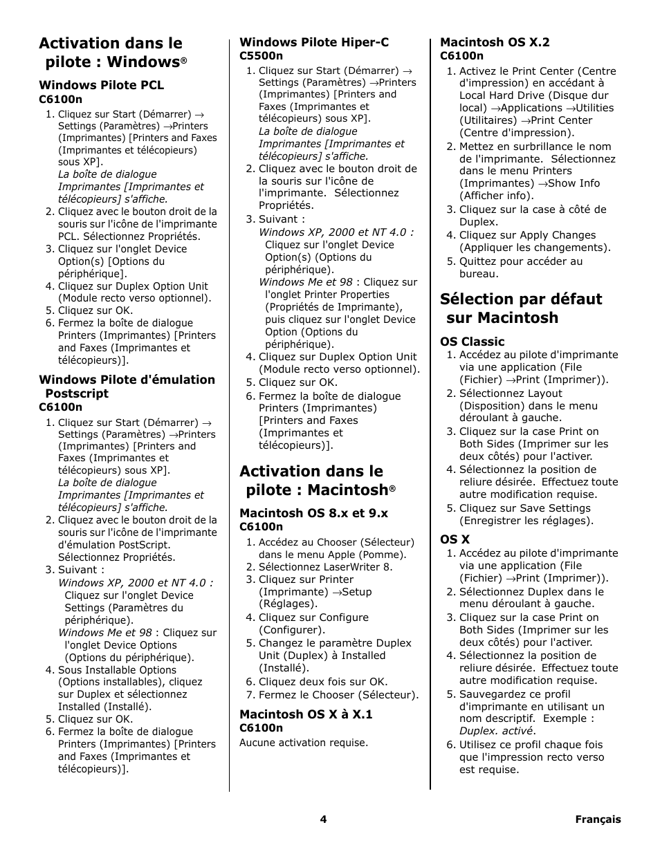 Activation dans le pilote : windows, Activation dans le pilote : macintosh, Sélection par défaut sur macintosh | Oki P/N 43347501 User Manual | Page 4 / 8