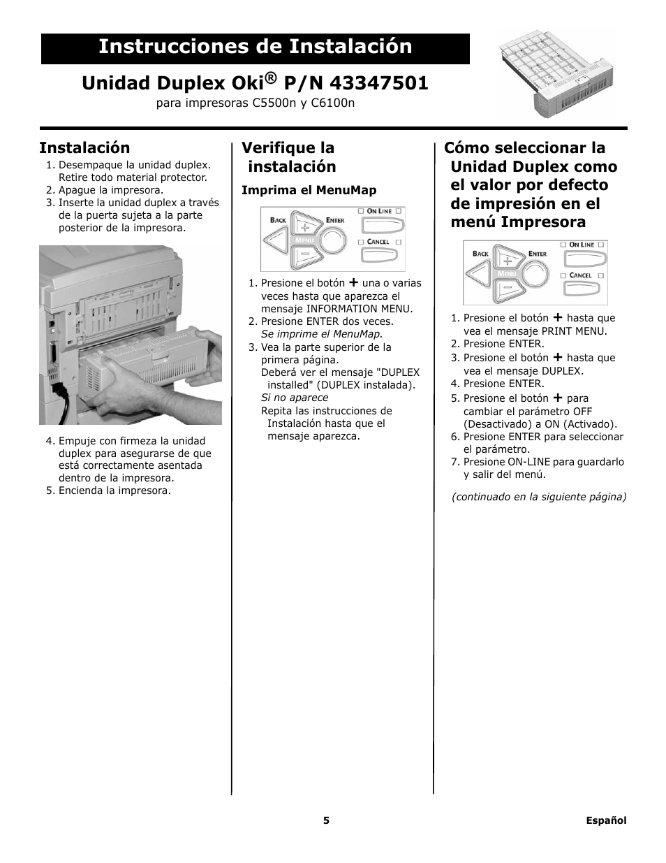 Instrucciones de instalación, Unidad duplex oki, Instalación | Verifique la instalación | Oki P/N 43347501 User Manual | Page 5 / 8