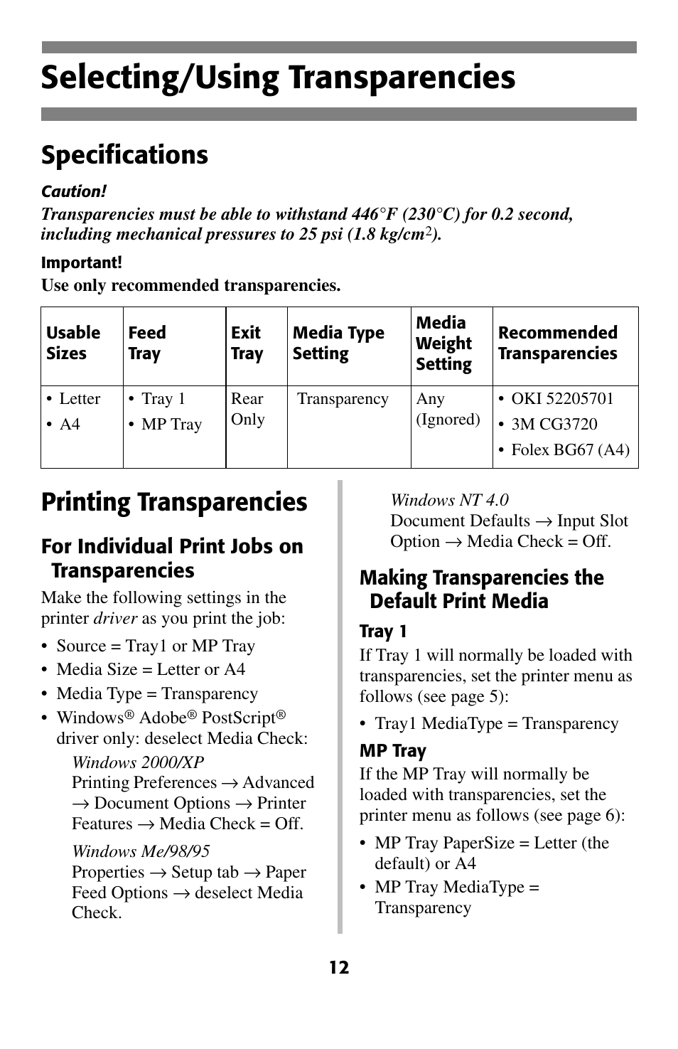Selecting/using transparencies, Specifications, Printing transparencies | Oki 2024 User Manual | Page 13 / 45