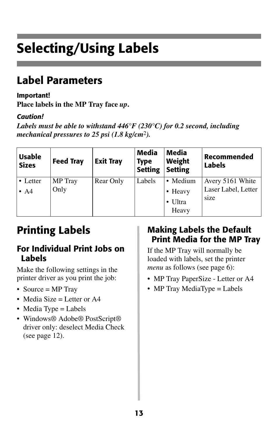 Selecting/using labels, Label parameters, Printing labels | Oki 2024 User Manual | Page 14 / 45