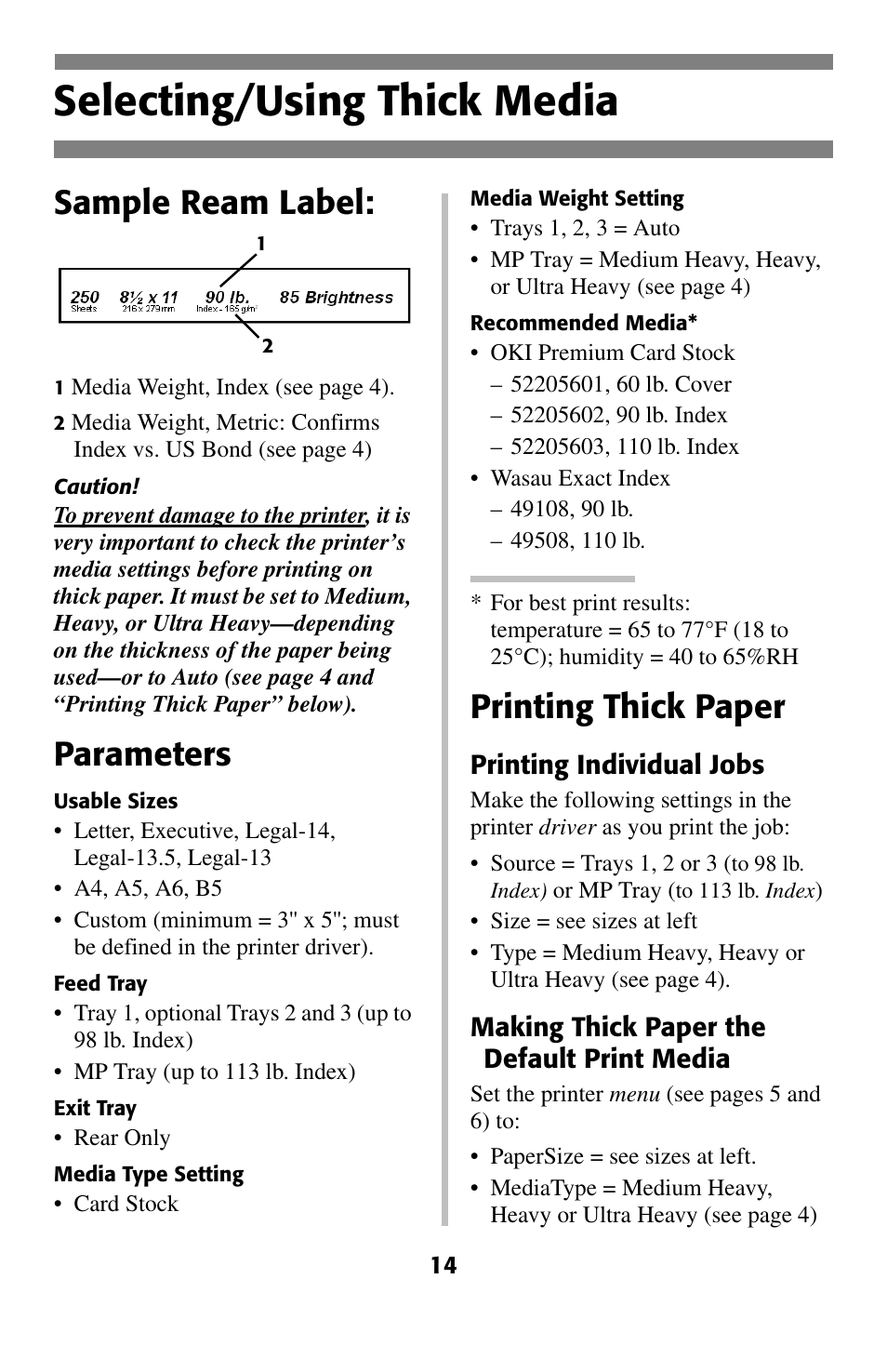 Selecting/using thick media, Sample ream label, Parameters | Printing thick paper | Oki 2024 User Manual | Page 15 / 45