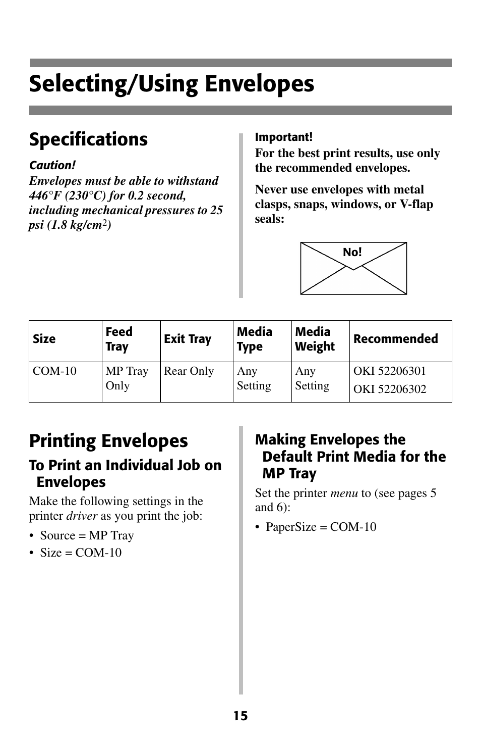 Selecting/using envelopes, Specifications, Printing envelopes | Oki 2024 User Manual | Page 16 / 45