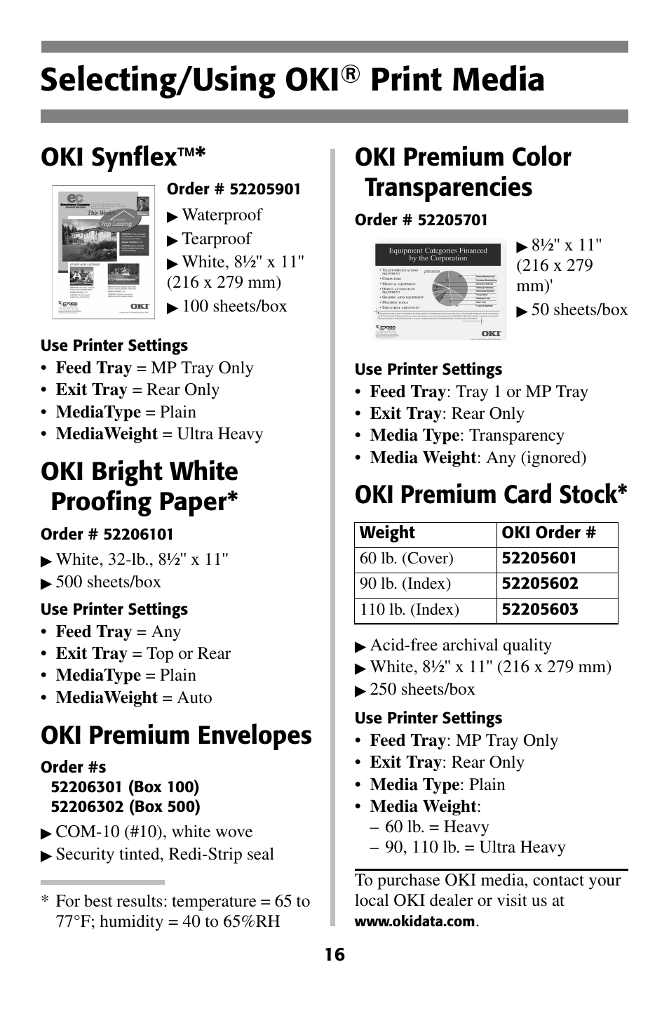 Selecting/using oki® print media, Selecting/using oki, Print media | Oki synflex, Oki bright white proofing paper, Oki premium envelopes, Oki premium color transparencies, Oki premium card stock | Oki 2024 User Manual | Page 17 / 45