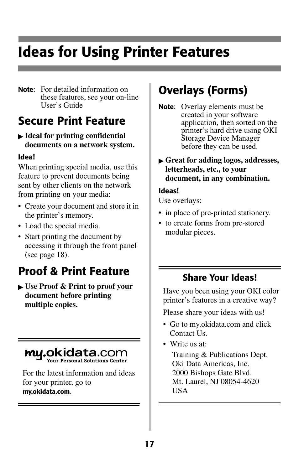 Ideas for using printer features, Secure print feature, Proof & print feature | Overlays (forms) | Oki 2024 User Manual | Page 18 / 45