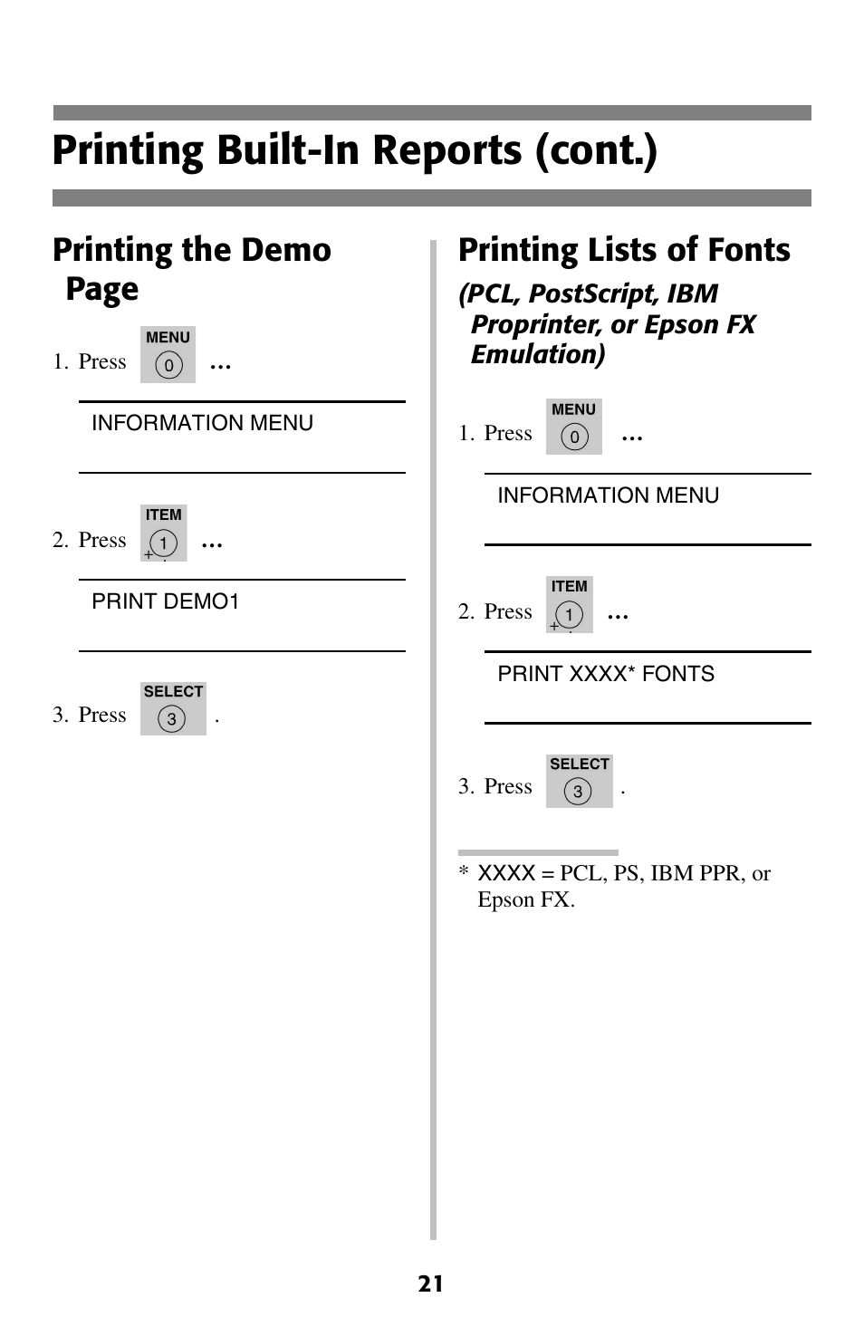 Printing built-in reports (cont.), Printing the demo page, Printing lists of fonts | Oki 2024 User Manual | Page 22 / 45
