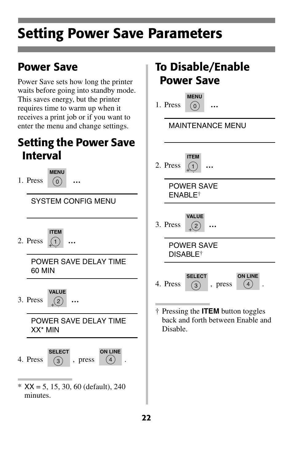 Setting power save parameters, Power save, Setting the power save interval | Oki 2024 User Manual | Page 23 / 45