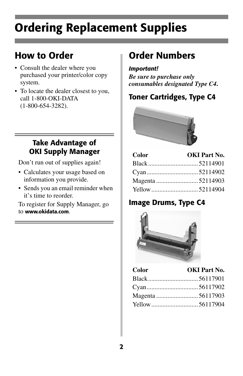 Ordering replacement supplies, How to order, Order numbers | Oki 2024 User Manual | Page 3 / 45