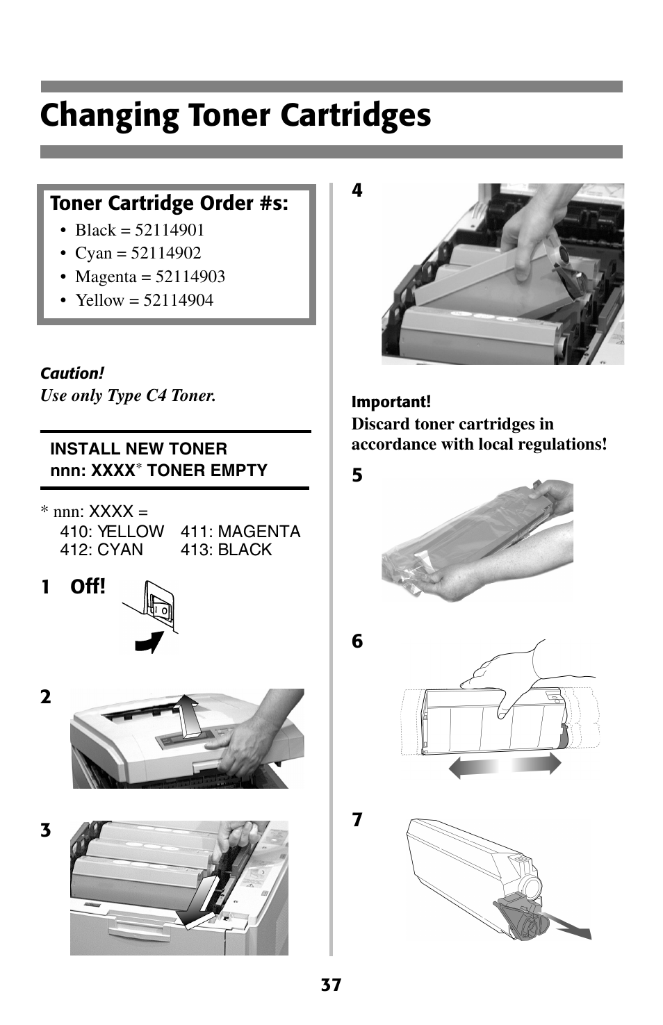 Changing toner cartridges, Toner cartridge order #s | Oki 2024 User Manual | Page 38 / 45