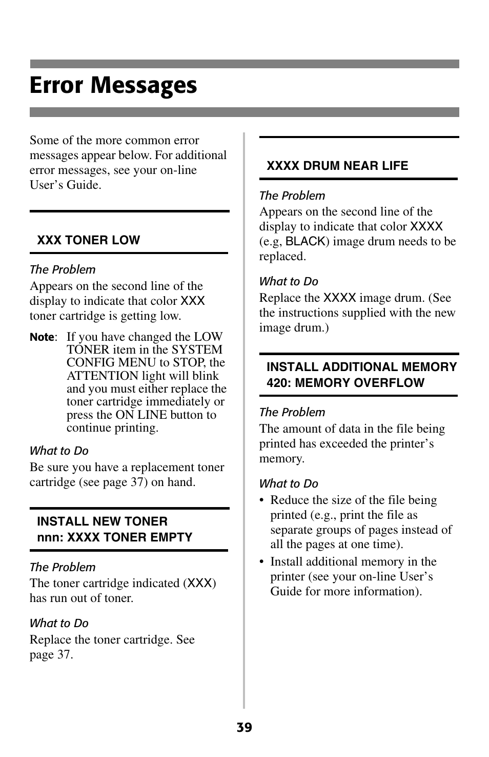 Error messages | Oki 2024 User Manual | Page 40 / 45