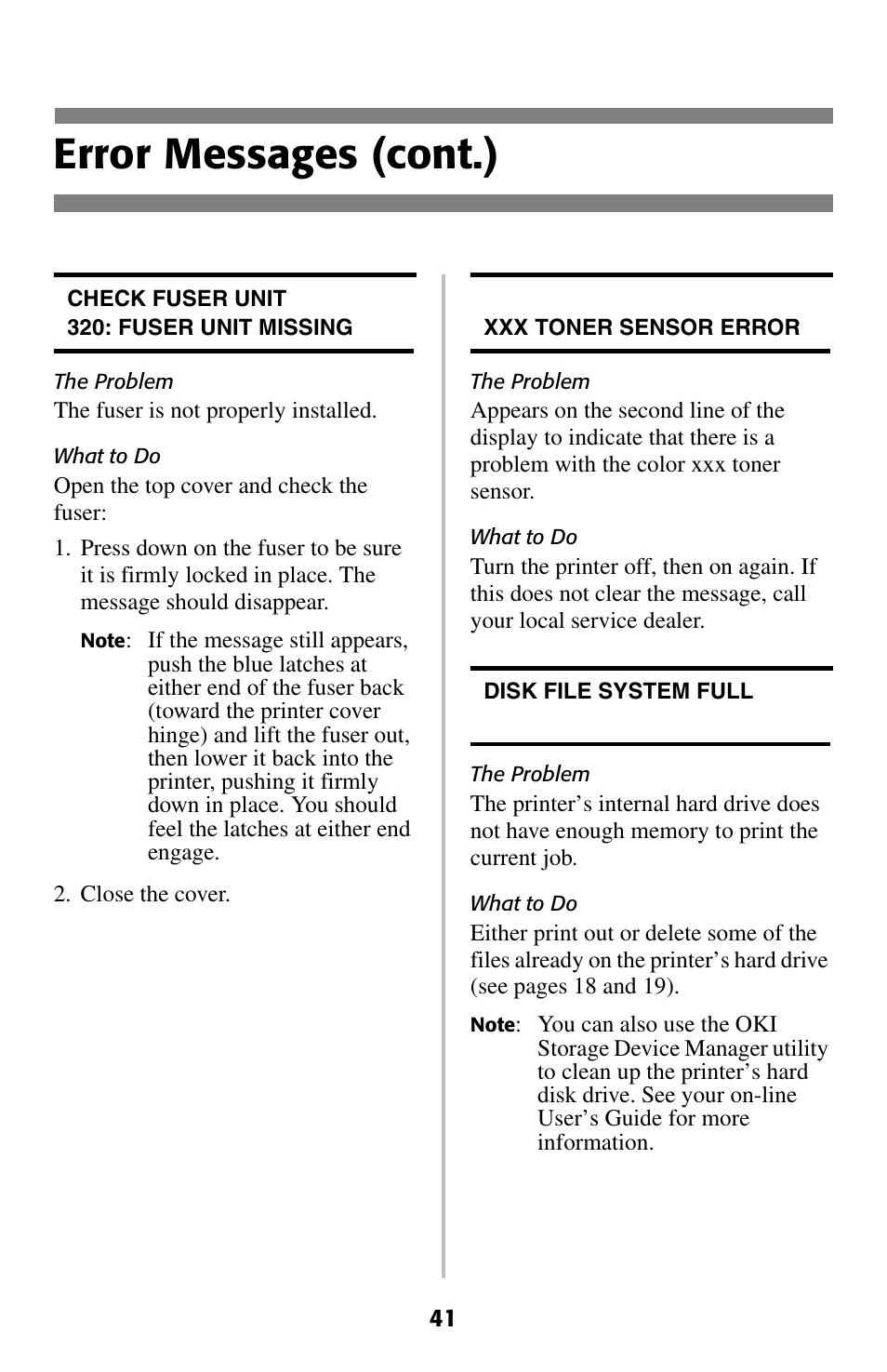 Error messages (cont.) | Oki 2024 User Manual | Page 42 / 45