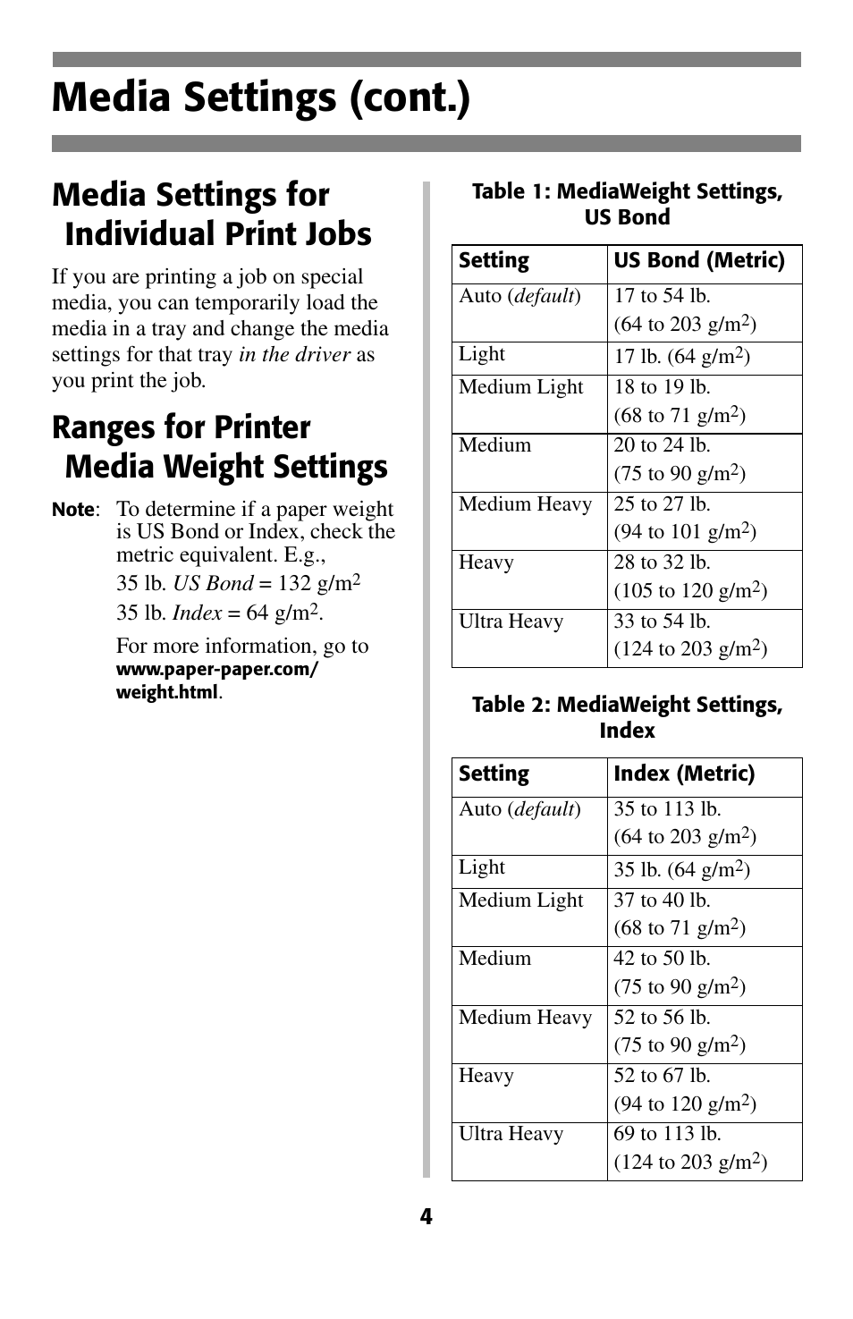 Ranges for printer media weight settings, Media settings (cont.), Media settings for individual print jobs | Oki 2024 User Manual | Page 5 / 45