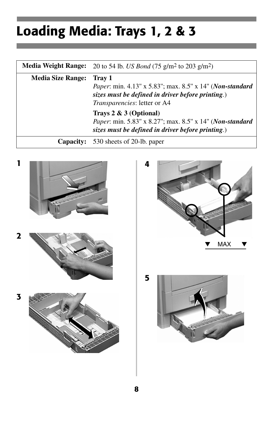 Loading media: trays 1, 2 & 3, Loading media | Oki 2024 User Manual | Page 9 / 45