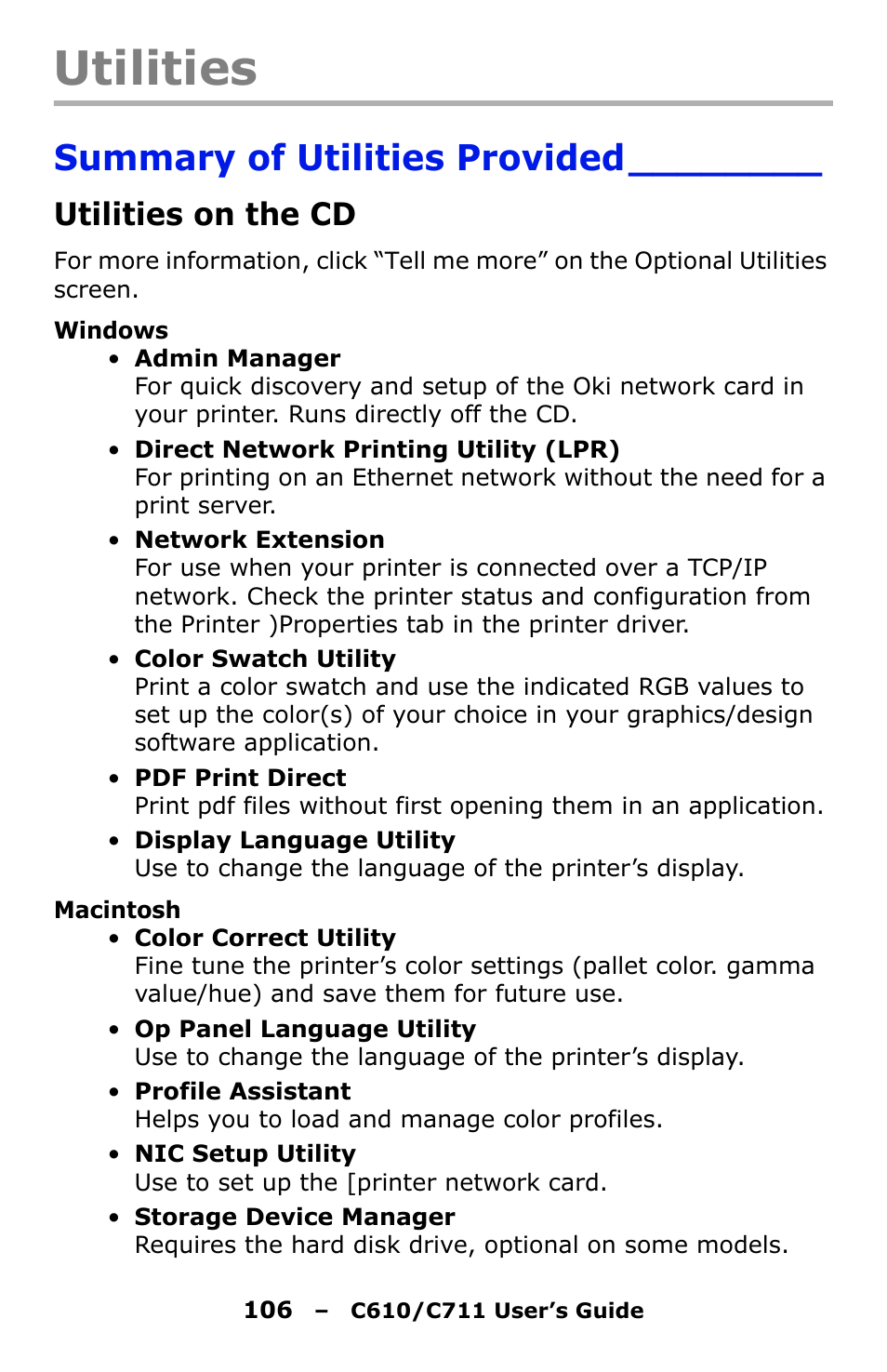 Utilities, Summary of utilities provided, Utilities on the cd | Oki C610 User Manual | Page 106 / 109