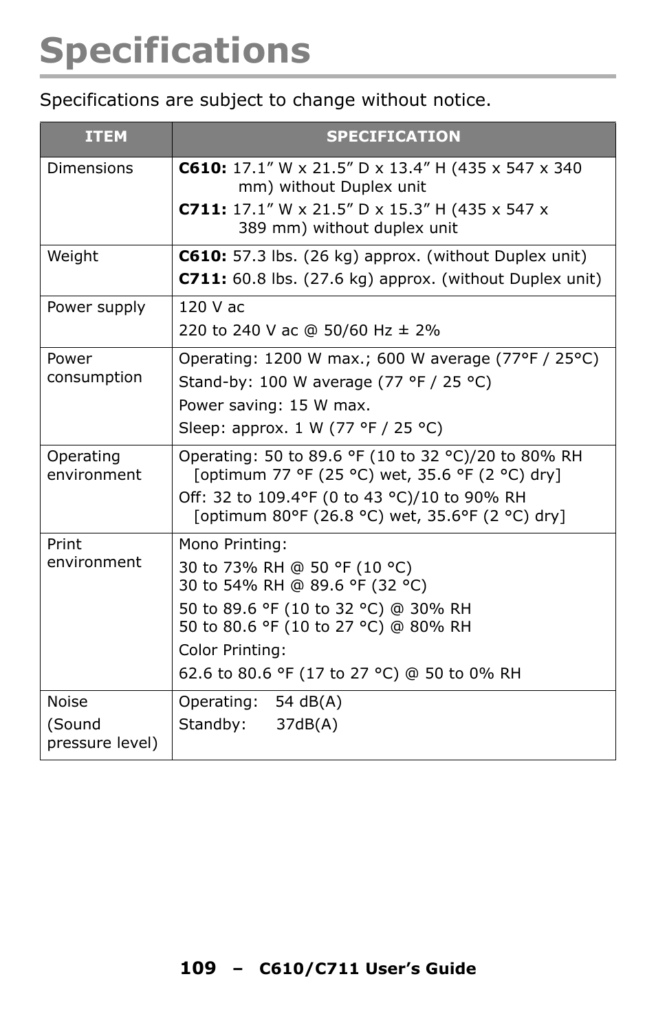 Specifications | Oki C610 User Manual | Page 109 / 109