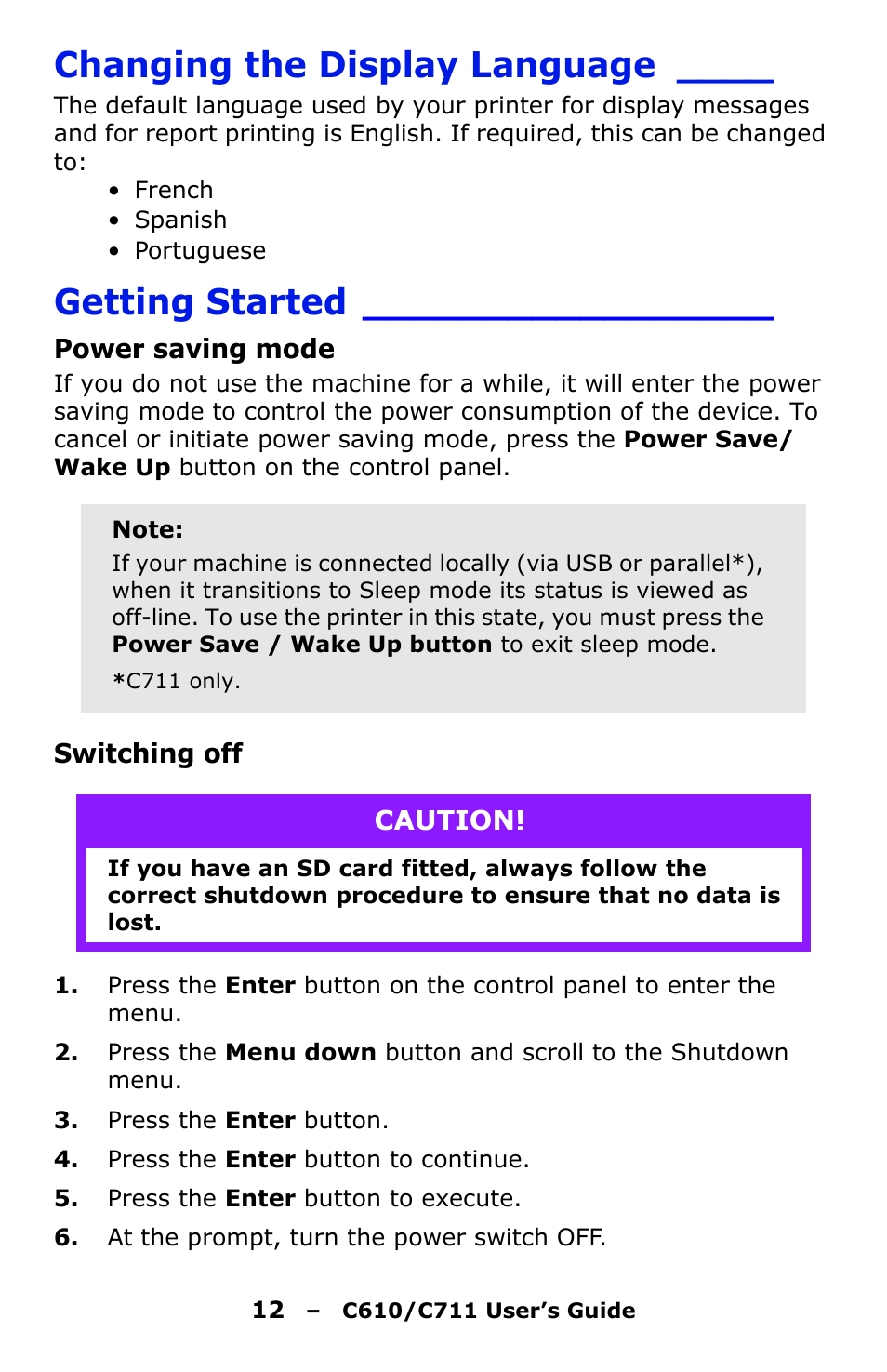 Changing the display language, Getting started, Power saving mode | Switching off | Oki C610 User Manual | Page 12 / 109