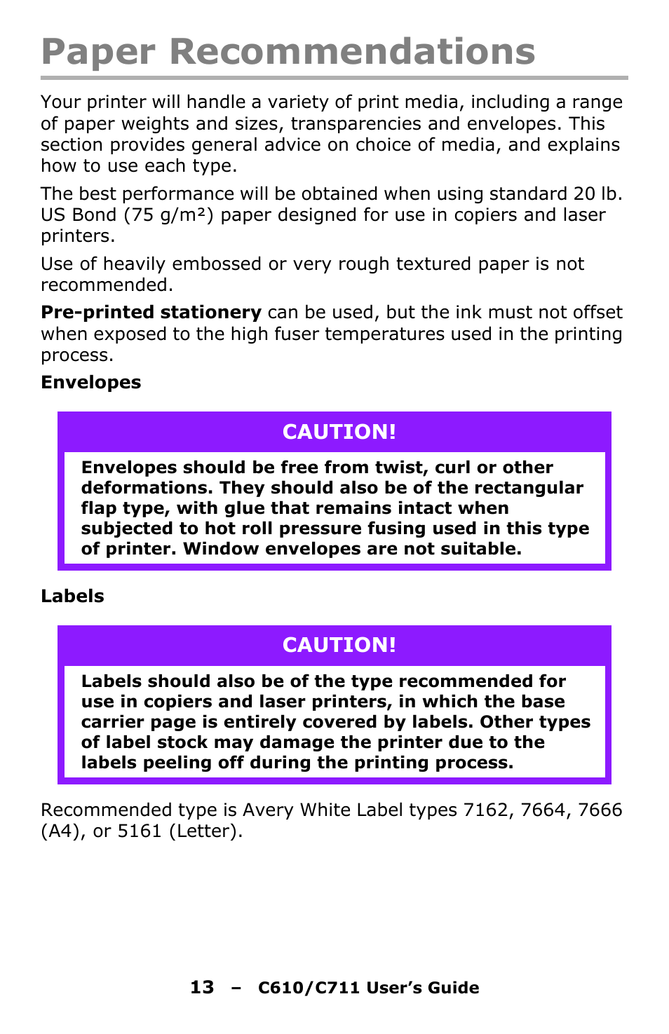 Paper recommendations | Oki C610 User Manual | Page 13 / 109