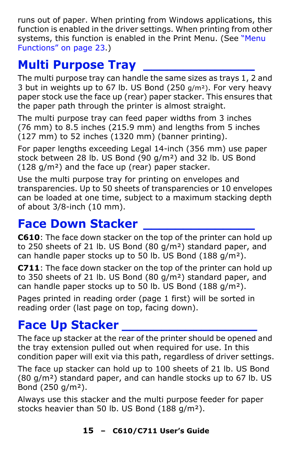Multi purpose tray, Face down stacker, Face up stacker | Oki C610 User Manual | Page 15 / 109