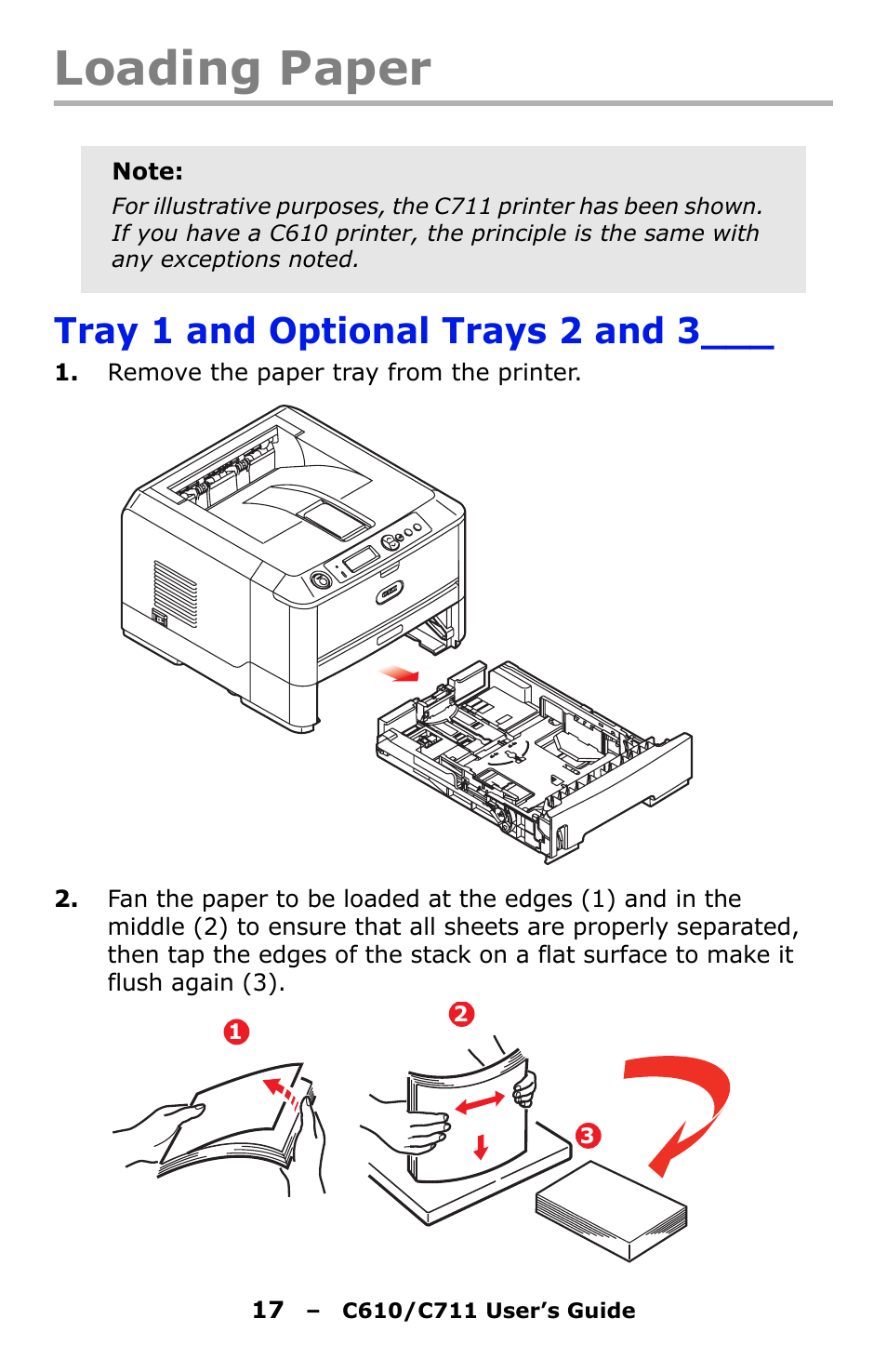 Loading paper, Tray 1 and optional trays 2 and 3 | Oki C610 User Manual | Page 17 / 109