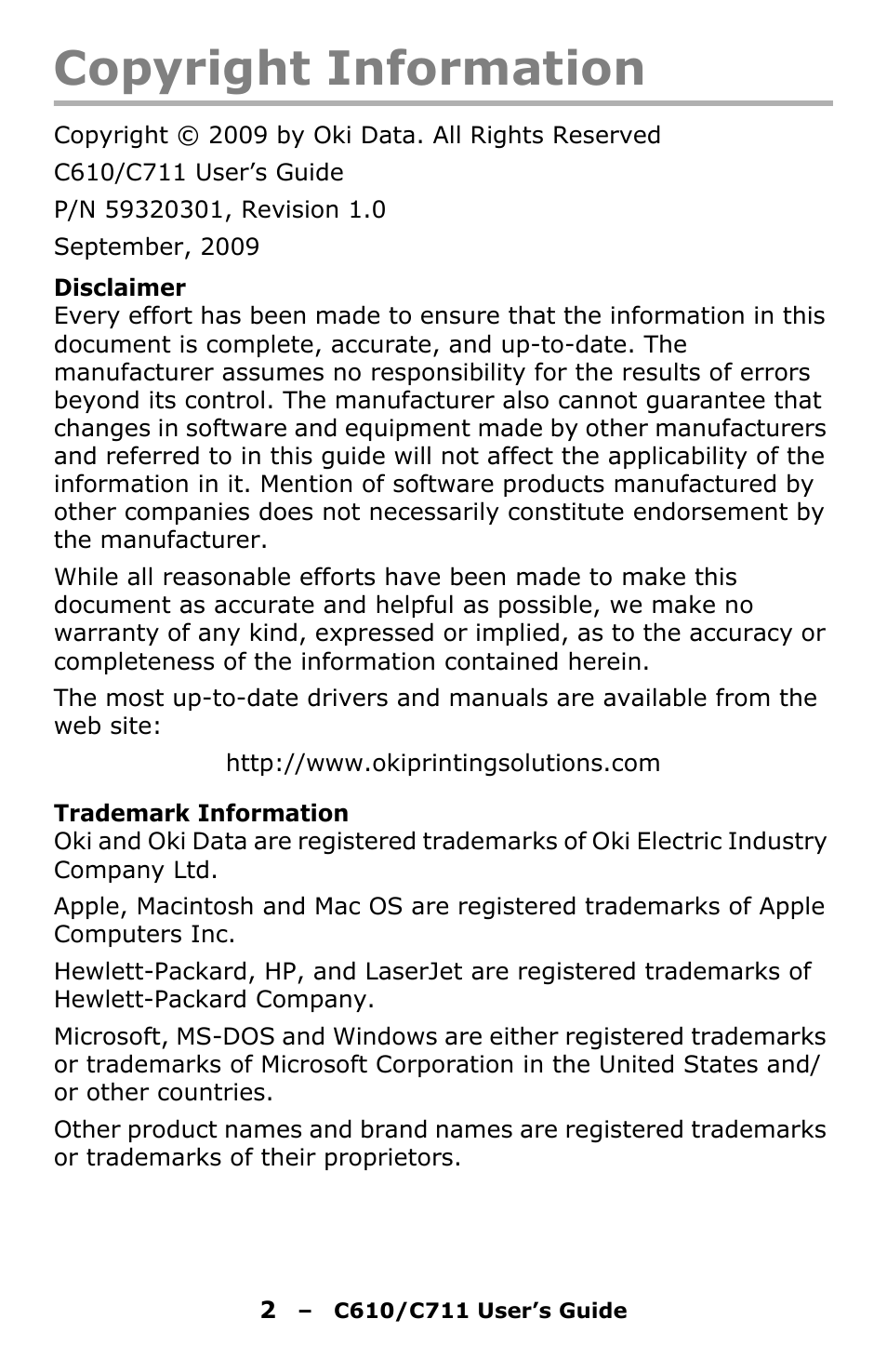 Copyright information | Oki C610 User Manual | Page 2 / 109