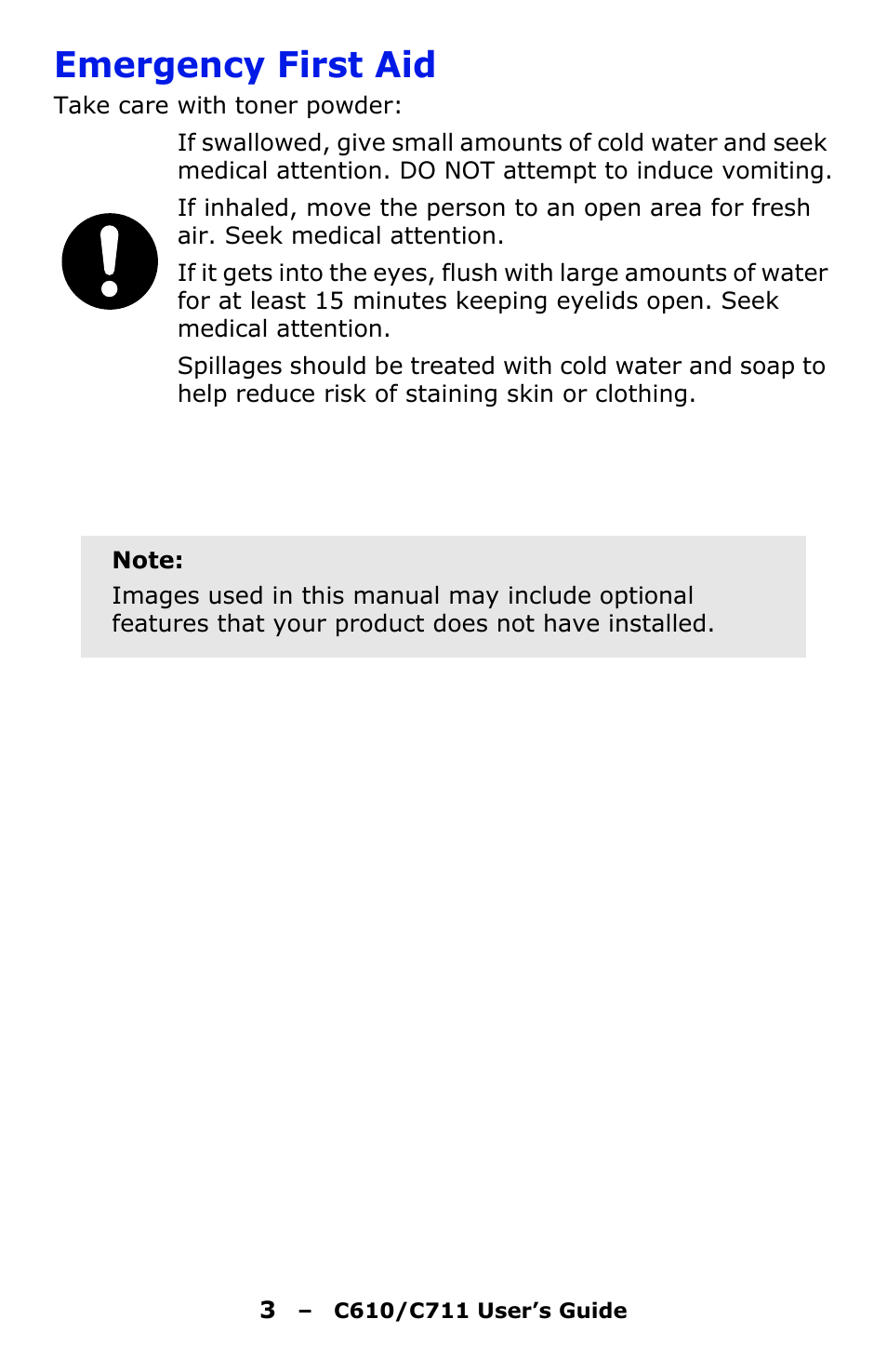 Emergency first aid | Oki C610 User Manual | Page 3 / 109