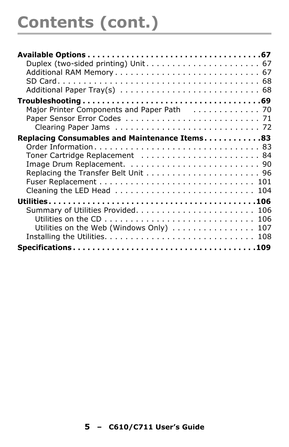 Contents (cont.) | Oki C610 User Manual | Page 5 / 109