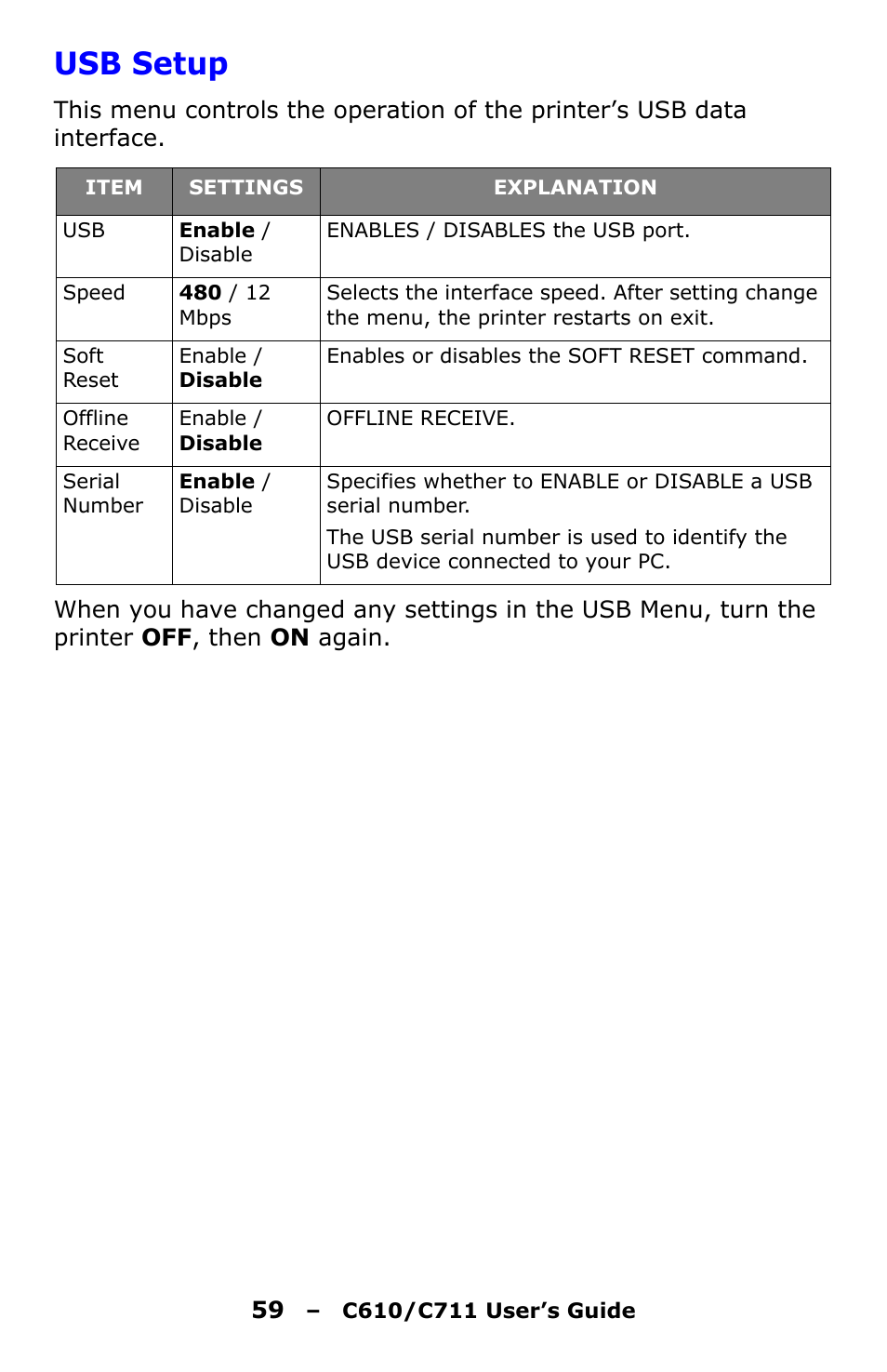 Usb setup | Oki C610 User Manual | Page 59 / 109
