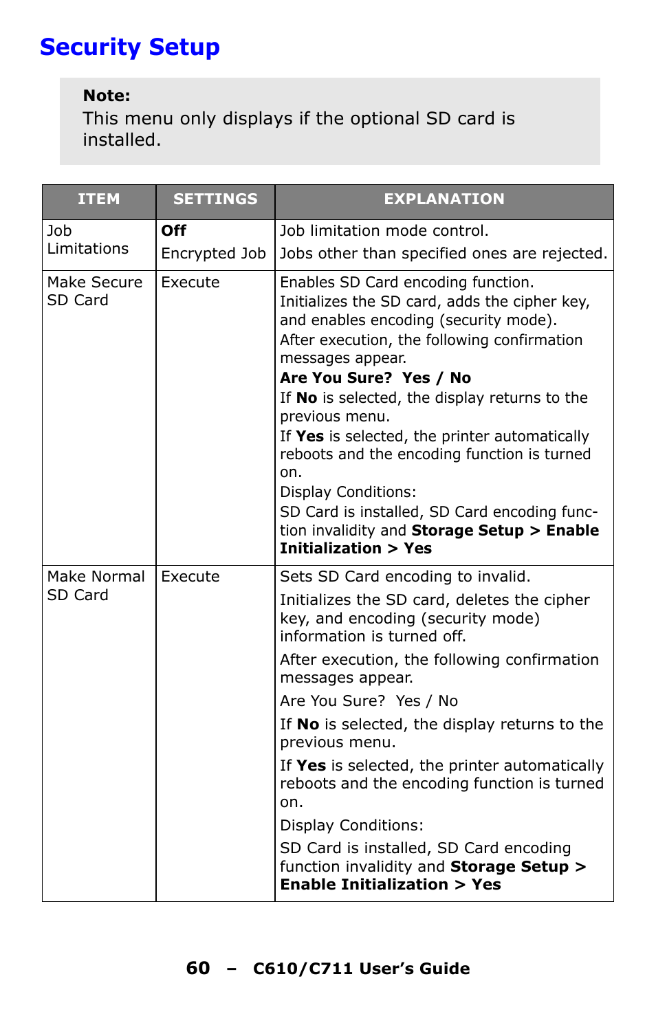 Security setup | Oki C610 User Manual | Page 60 / 109