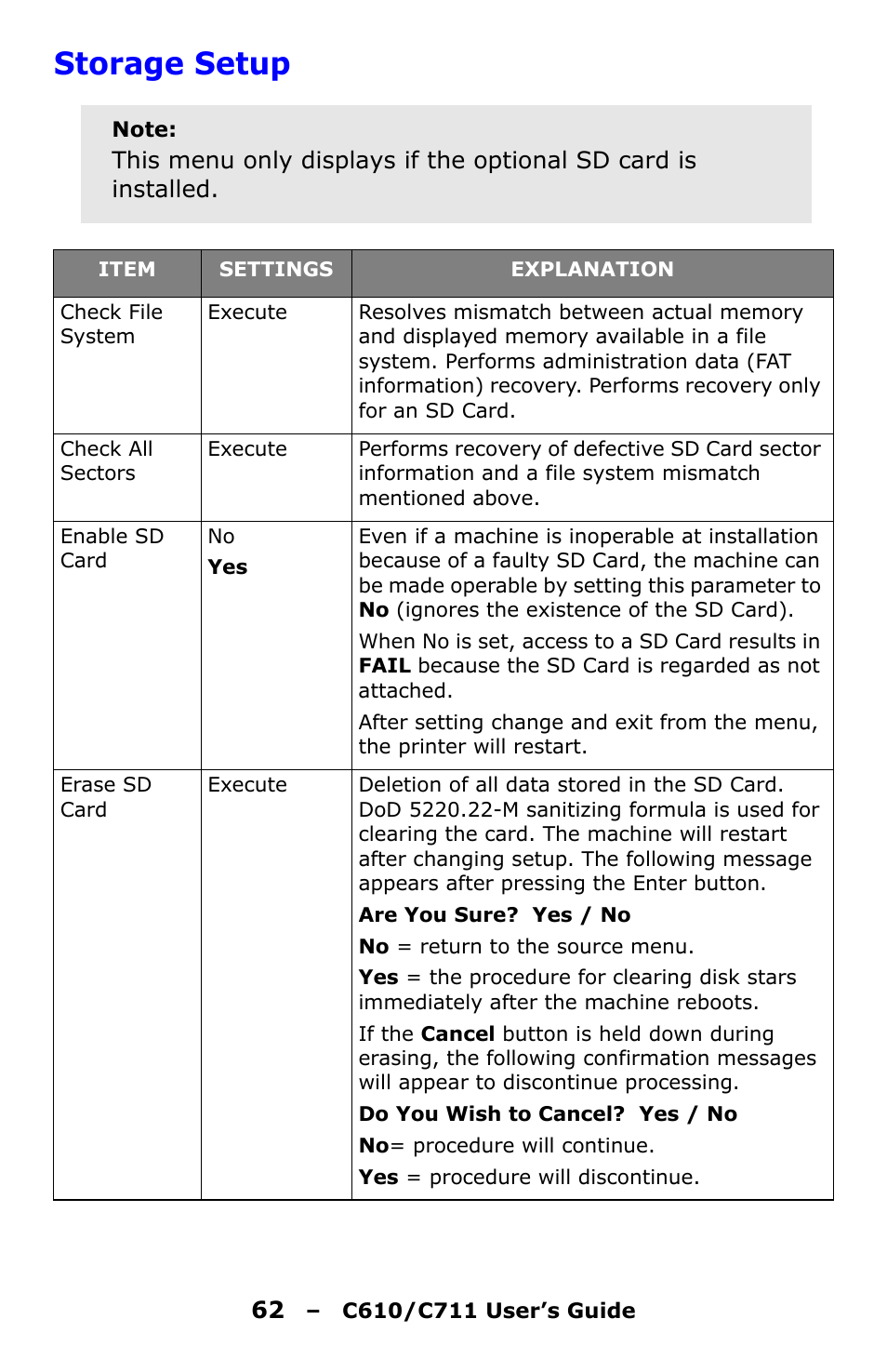 Storage setup | Oki C610 User Manual | Page 62 / 109