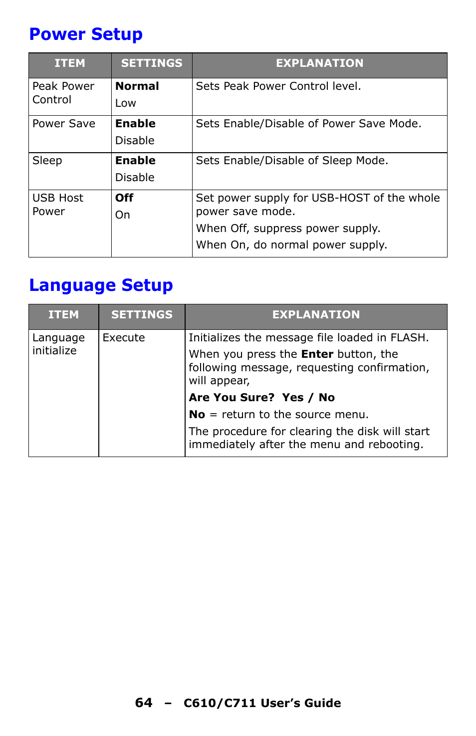 Power setup, Language setup, Power setup language setup | Oki C610 User Manual | Page 64 / 109