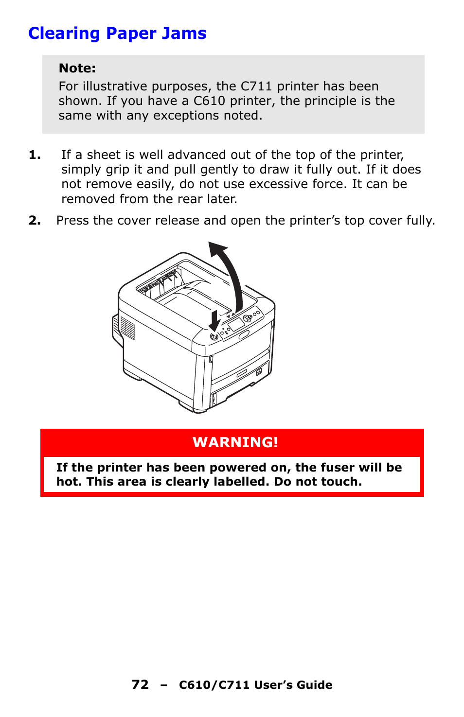 Clearing paper jams | Oki C610 User Manual | Page 72 / 109