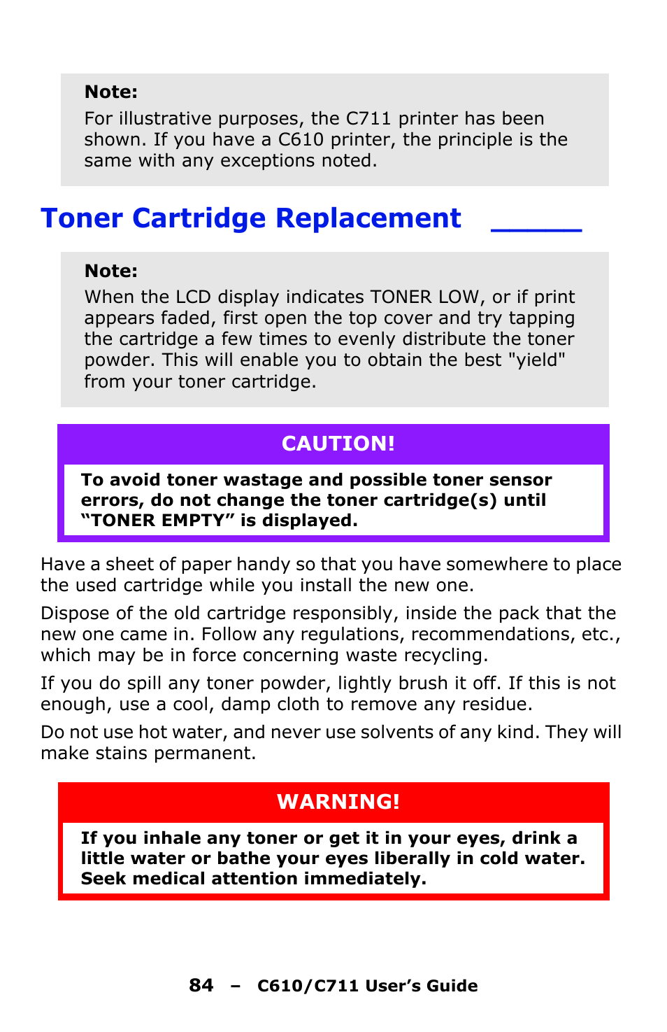 Toner cartridge replacement | Oki C610 User Manual | Page 84 / 109