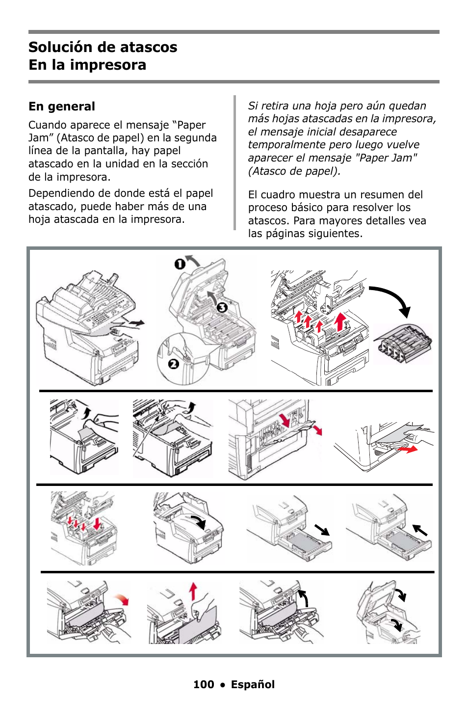 En la impresora, Solución de atascos en la impresora | Oki C5550 MFP User Manual | Page 100 / 167
