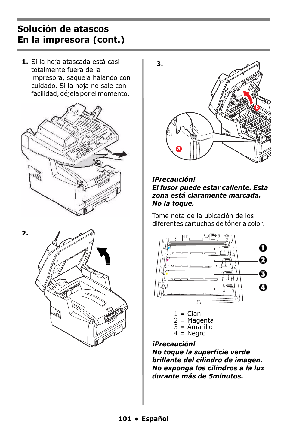 Solución de atascos en la impresora (cont.) | Oki C5550 MFP User Manual | Page 101 / 167