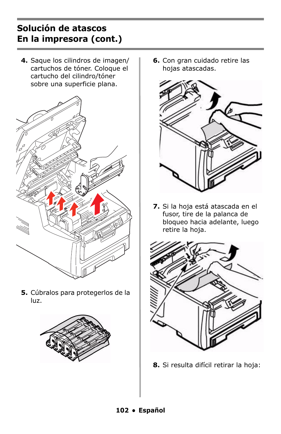 Solución de atascos en la impresora (cont.) | Oki C5550 MFP User Manual | Page 102 / 167