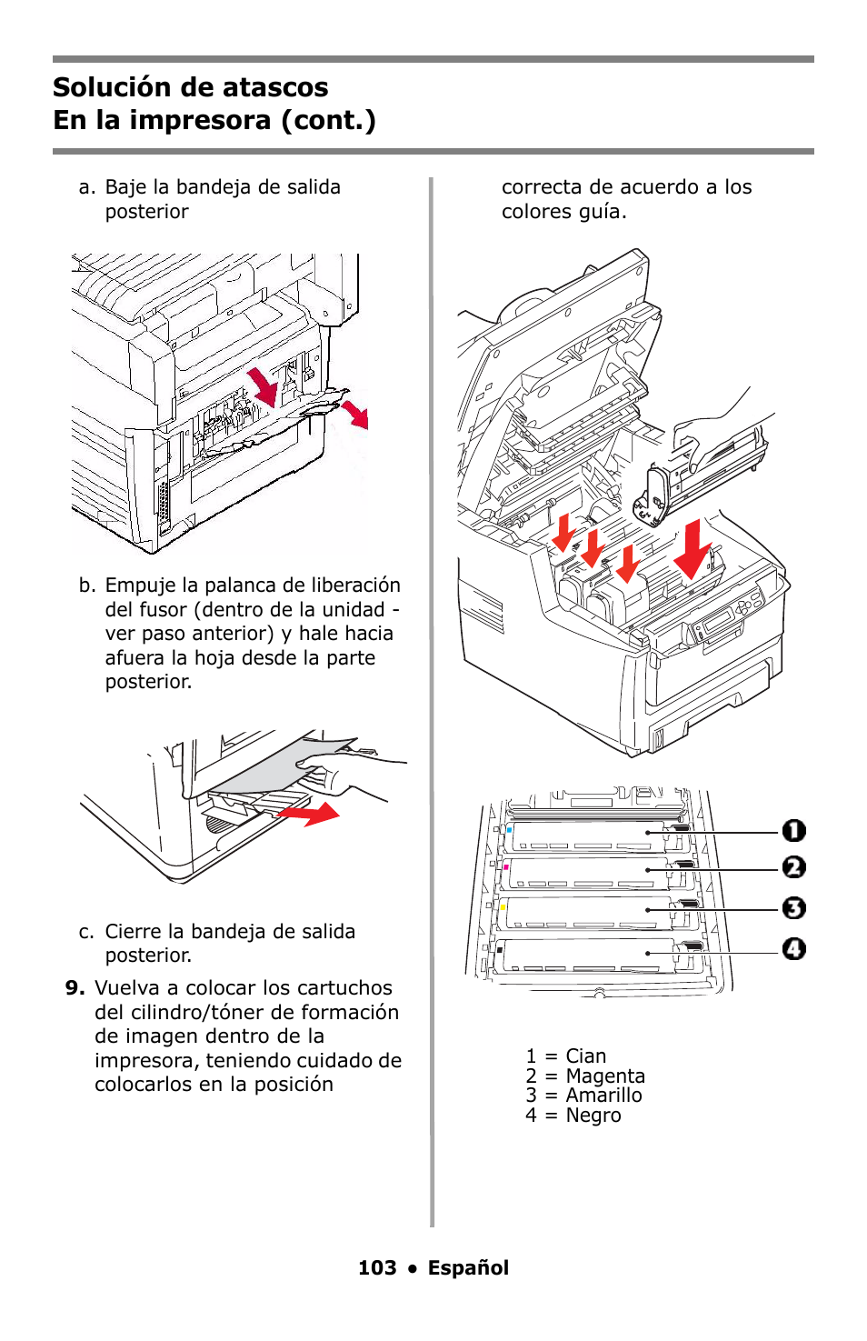 Solución de atascos en la impresora (cont.) | Oki C5550 MFP User Manual | Page 103 / 167