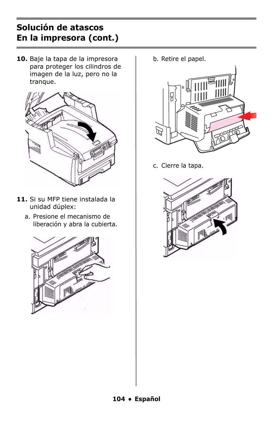 Solución de atascos en la impresora (cont.) | Oki C5550 MFP User Manual | Page 104 / 167