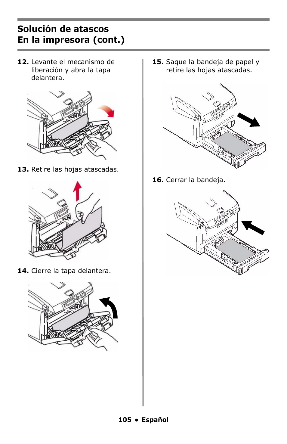 Solución de atascos en la impresora (cont.) | Oki C5550 MFP User Manual | Page 105 / 167