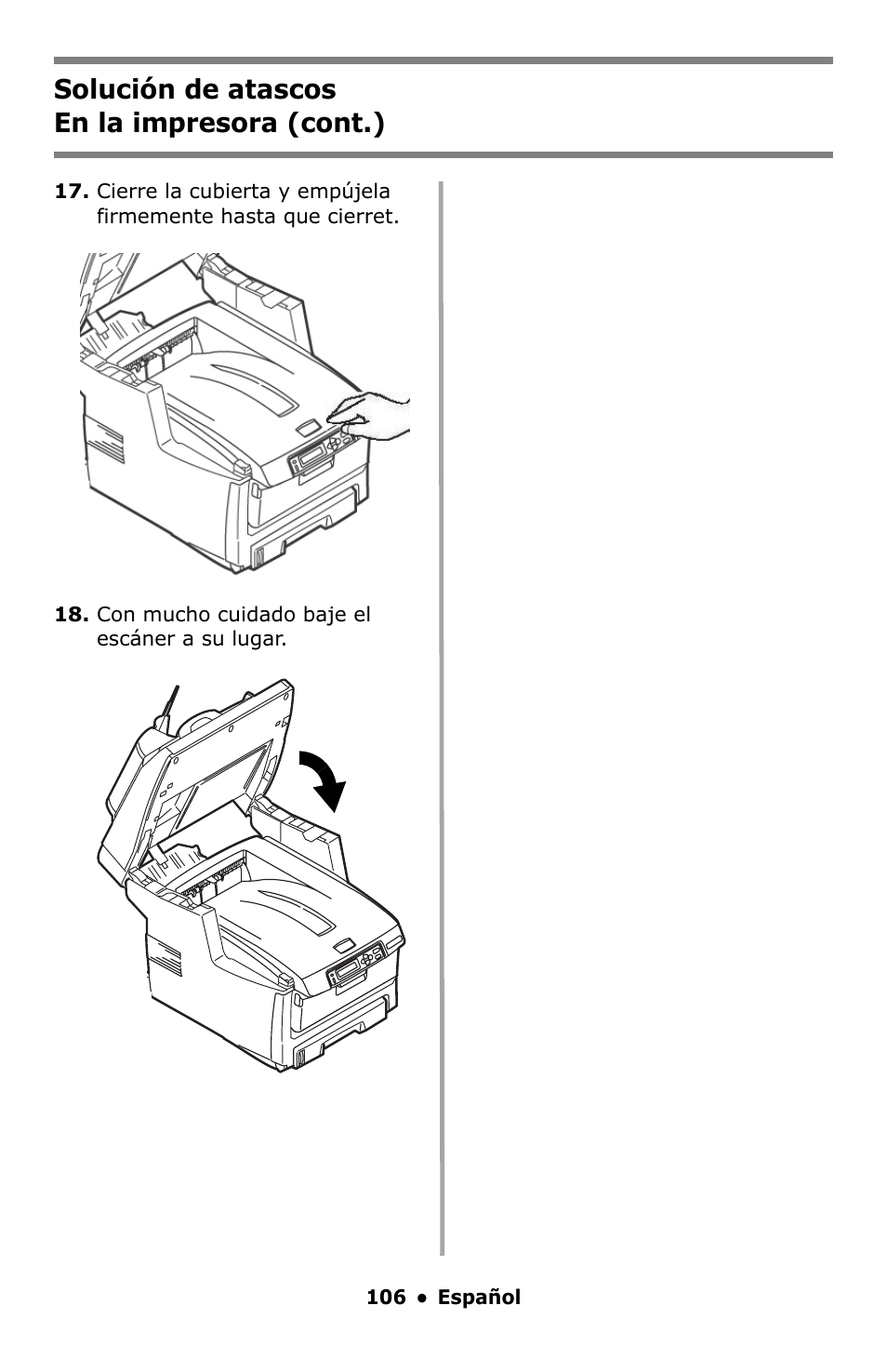 Solución de atascos en la impresora (cont.) | Oki C5550 MFP User Manual | Page 106 / 167