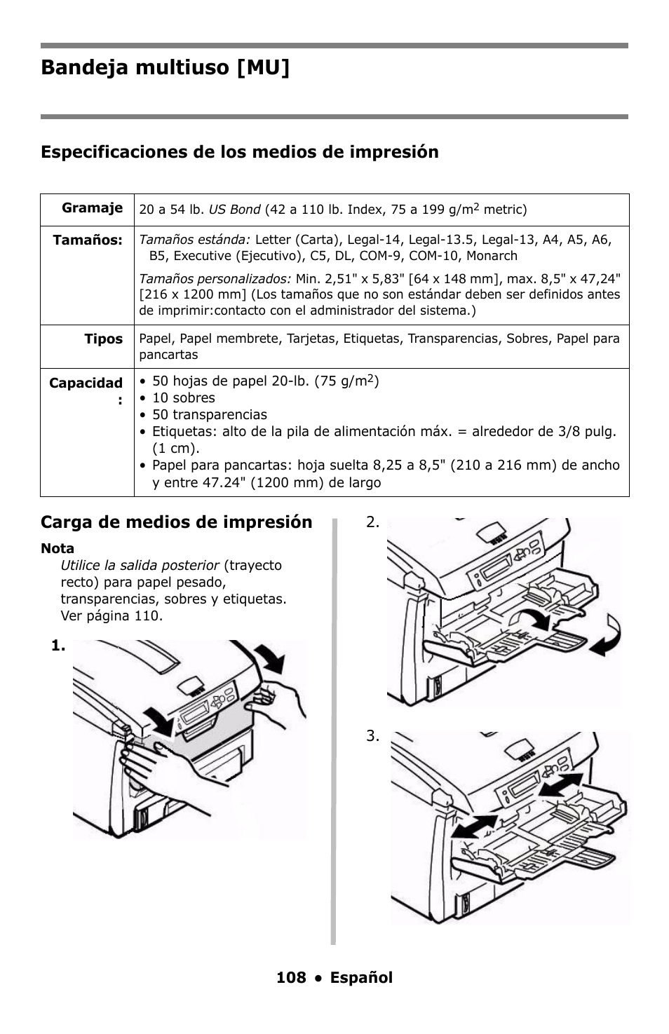 Bandeja multiuso [mu, Especificaciones de los medios de impresión, Carga de medios de impresión | Oki C5550 MFP User Manual | Page 108 / 167