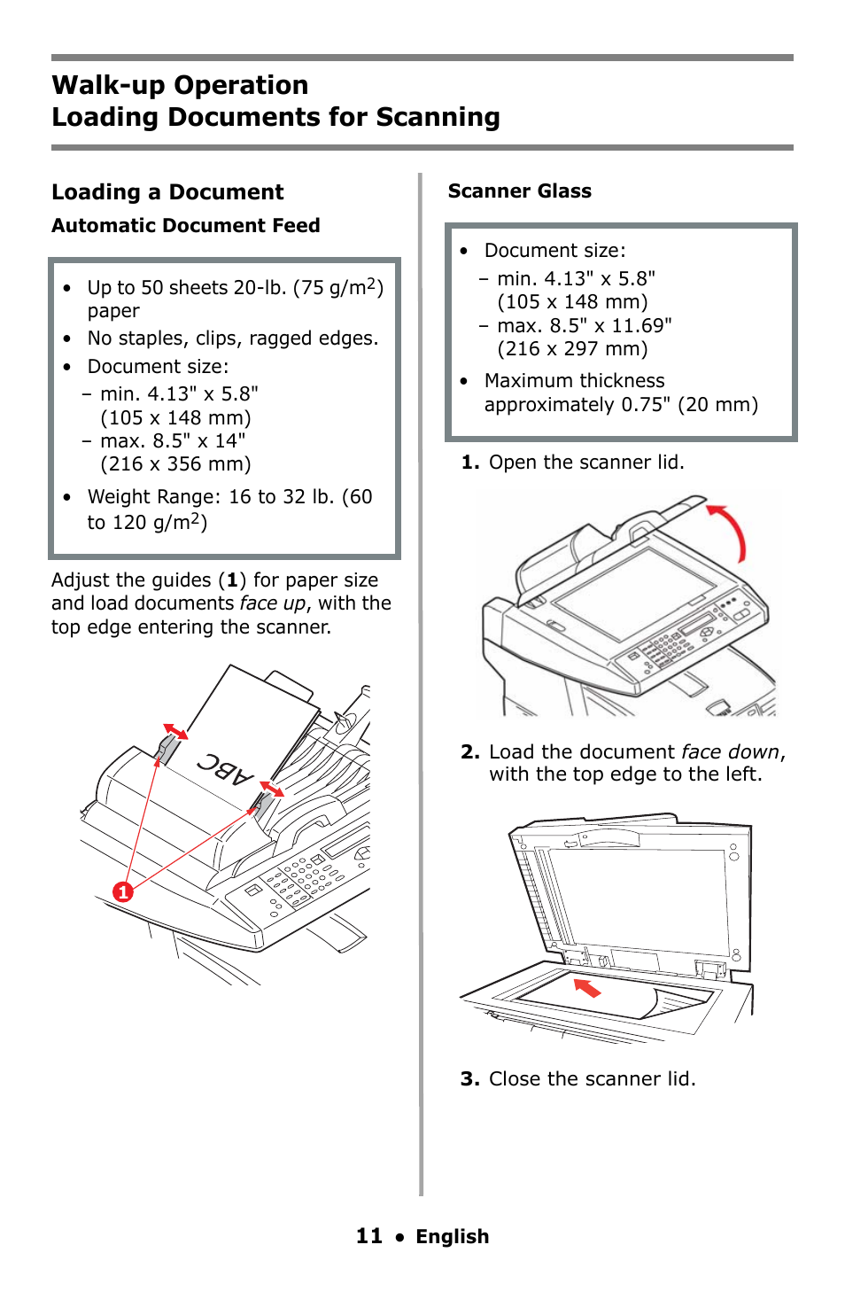 Loading documents for scanning, Walk-up operation loading documents for scanning | Oki C5550 MFP User Manual | Page 11 / 167